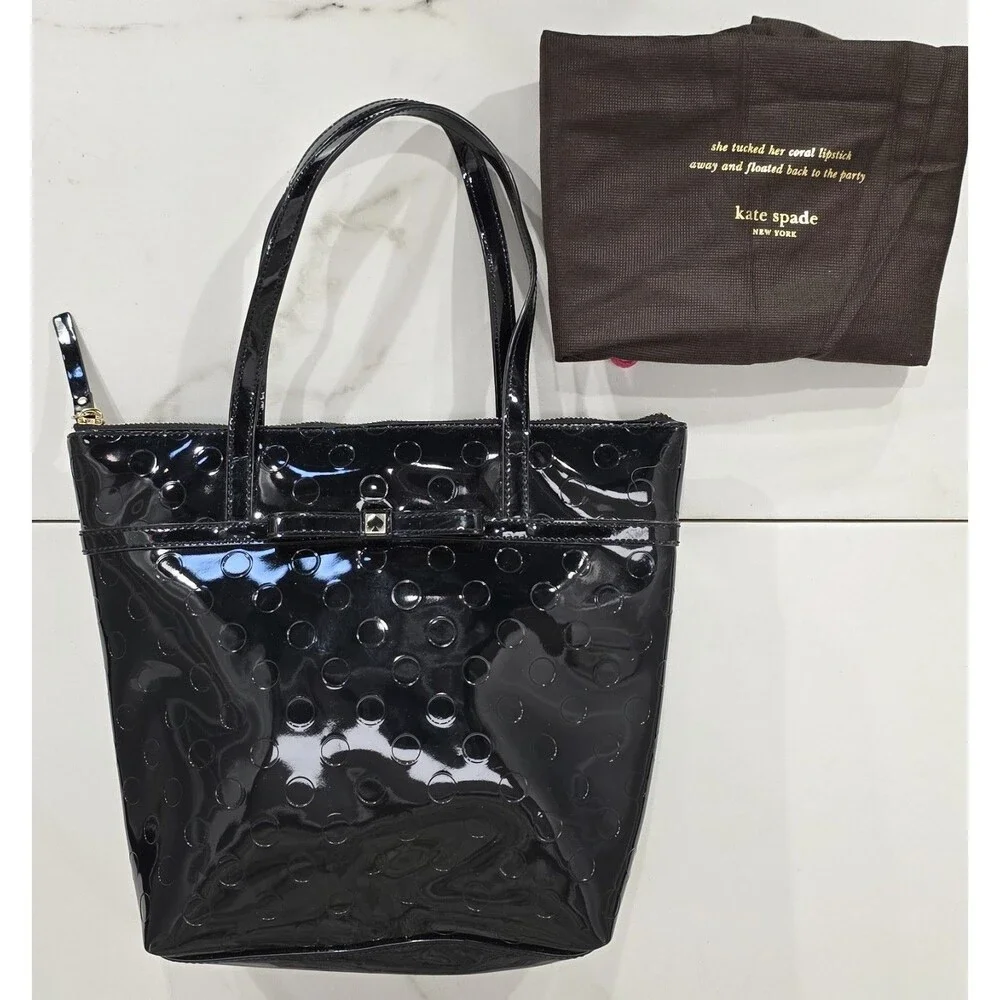 Kate Spade New York Tote Bag Black Patent Leather Bow Polka Dot Embossed Zip Top